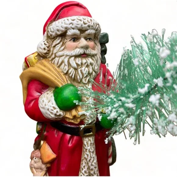 Vintage Santa Claus Figurine Holding Christmas Tree In Festive Red & White Coat - Picture 4 of 7